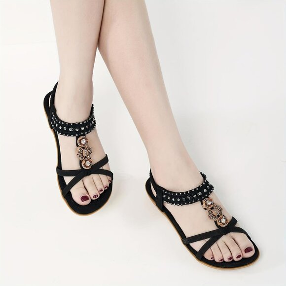 Womens Black PU Leather Casual Beach Summer Jeweled Bohemian Flats Sandals - Picture 4 of 5